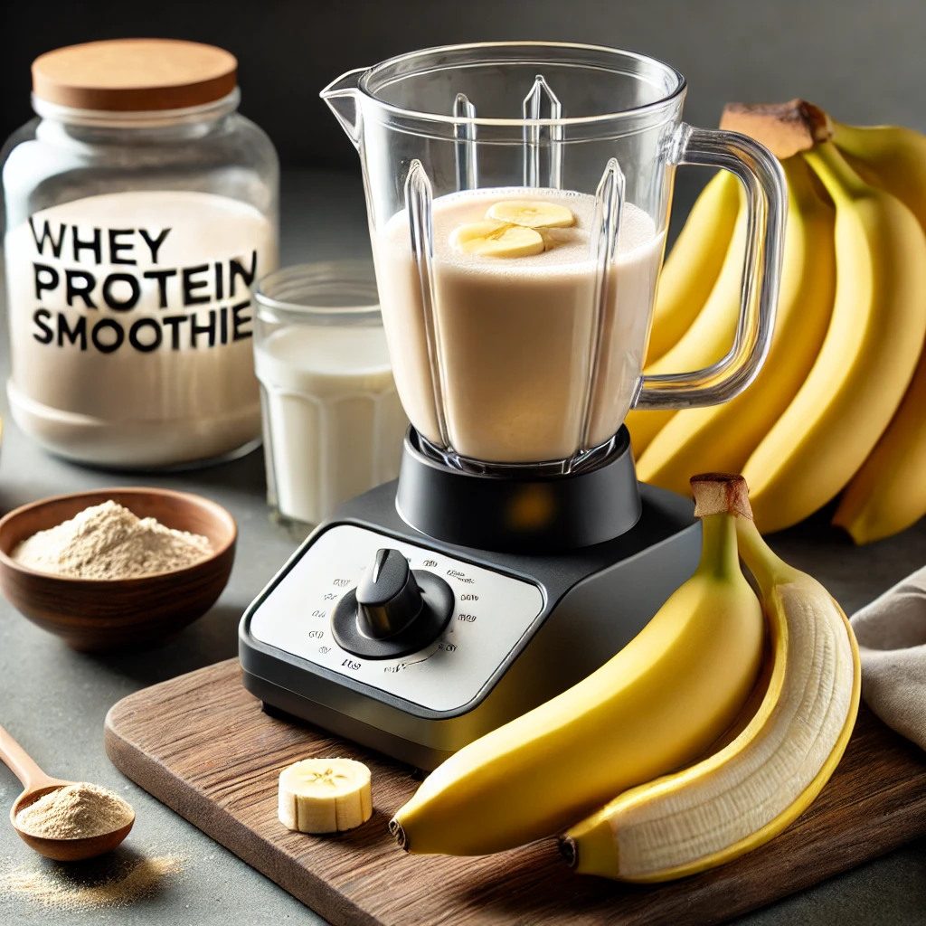 A preparação de uma vitamina com banana, whey protein e leite de amêndoas. Os ingredientes são dispostos no liquidificador, prontos para serem misturados. Uma ótima opção para uma bebida rápida e nutritiva. 