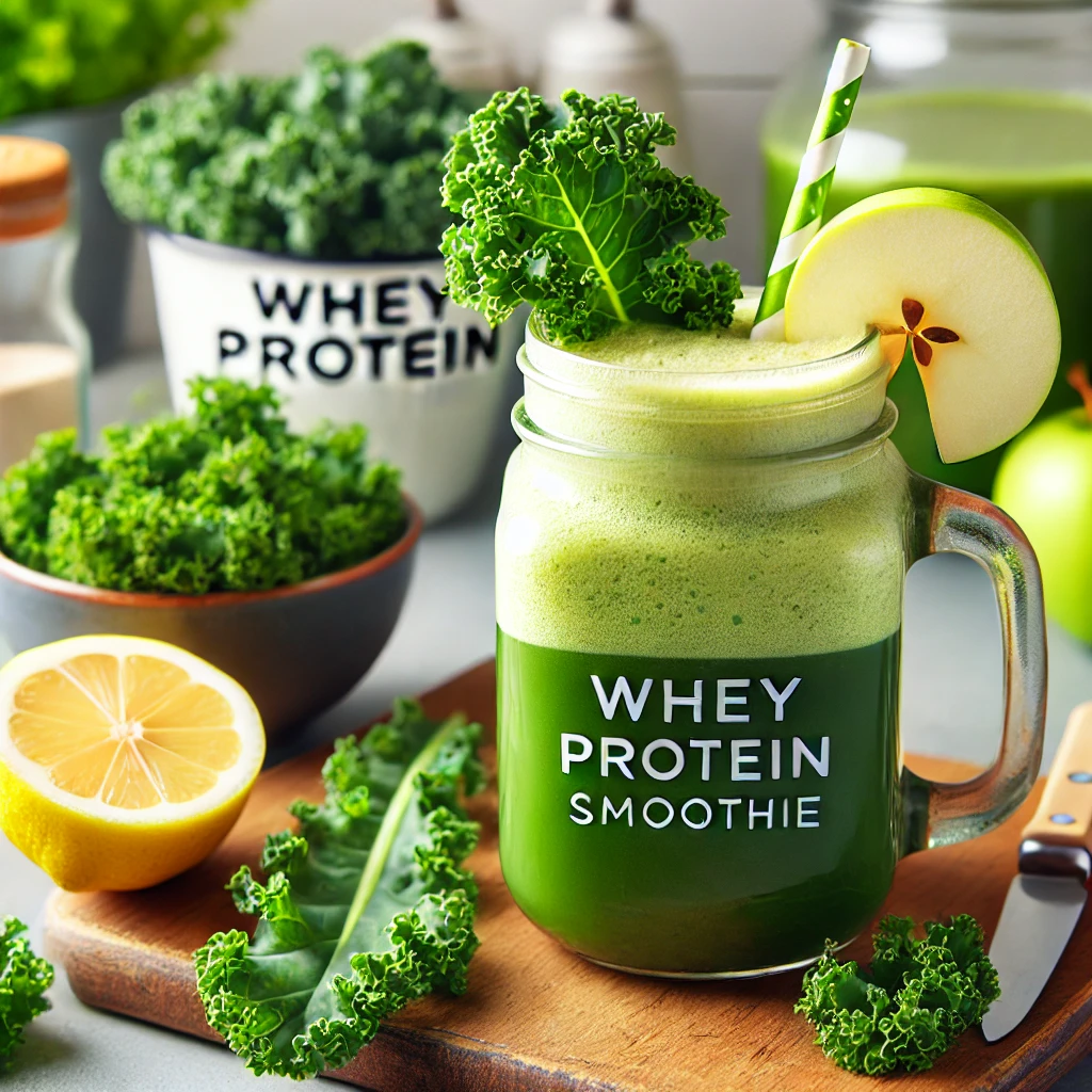 Um smoothie detox refrescante com whey protein, couve, maçã e limão, servido em um jarro de vidro com canudo. A bebida ideal para quem deseja desintoxicar o organismo. 