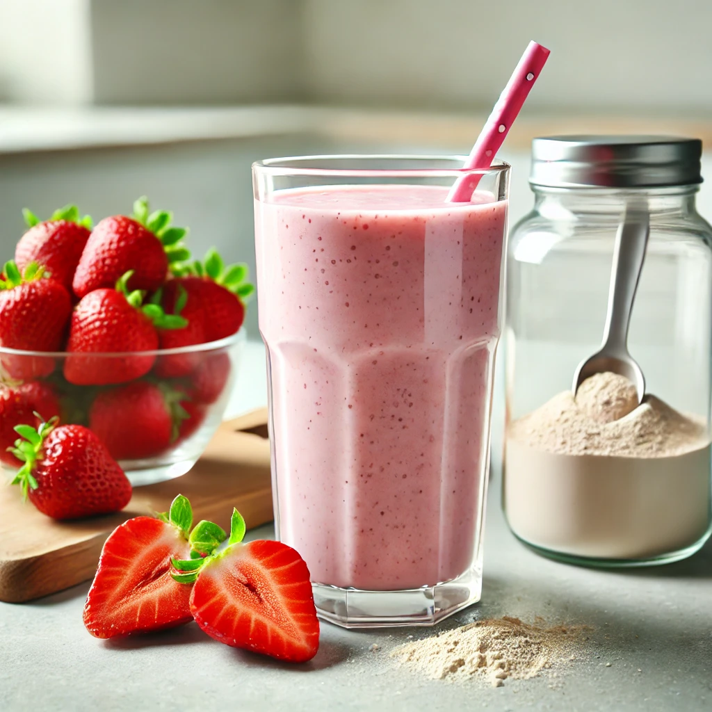 Um delicioso smoothie de morango com whey protein servido em um copo alto, rodeado por morangos frescos. Perfeito para quem busca uma bebida refrescante e proteica. 